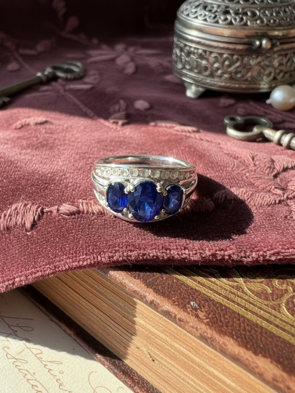 Sterling Silver Blue Sapphire Triple-Stone Ring stamped & signed